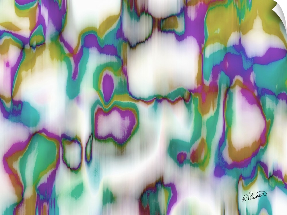 A horizontal image of vibrant shades of purple, green and teal layering in blurred shapes.