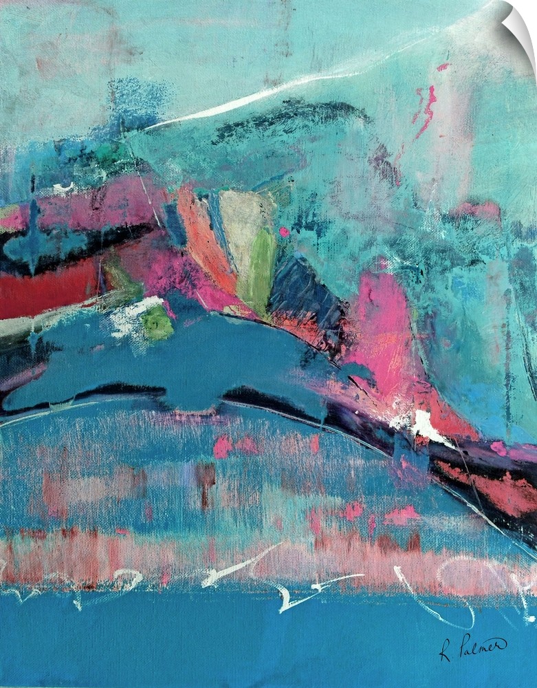 Abstract contemporary artwork in turquoise tones with pink elements.