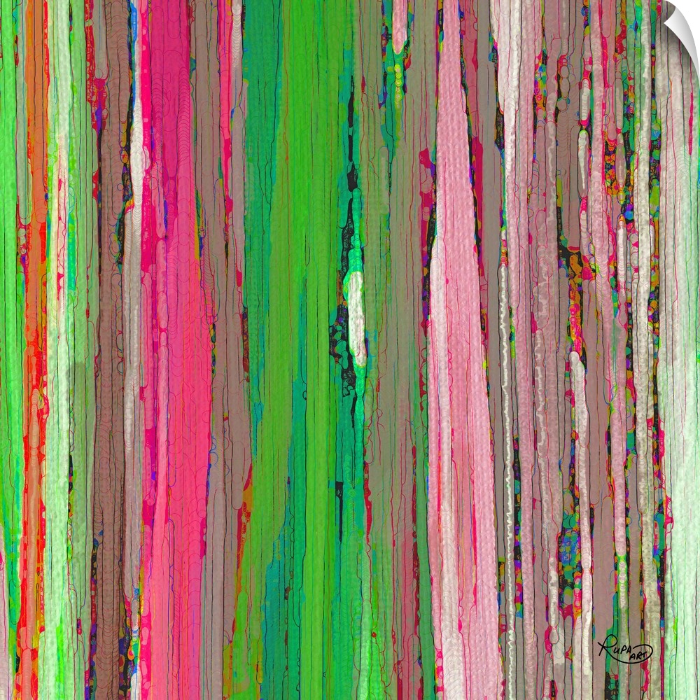 Square abstract art with cracked, brightly colored, vertical lines side by side.