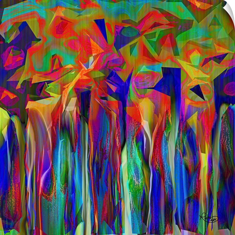 Contemporary digital art in neon rainbow colors, resembling an abstract forest.