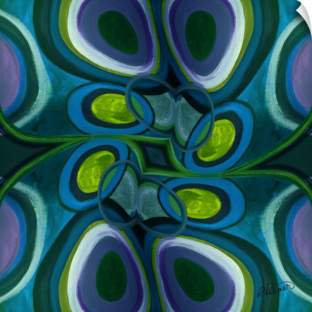 Square abstract painting with circular style shapes in shades of blue, green and purple.
