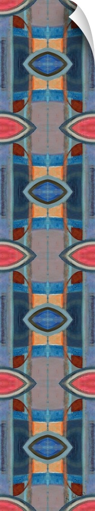 Large symmetrical painting with oblong shaped designs in shades of blue, orange, and pink.