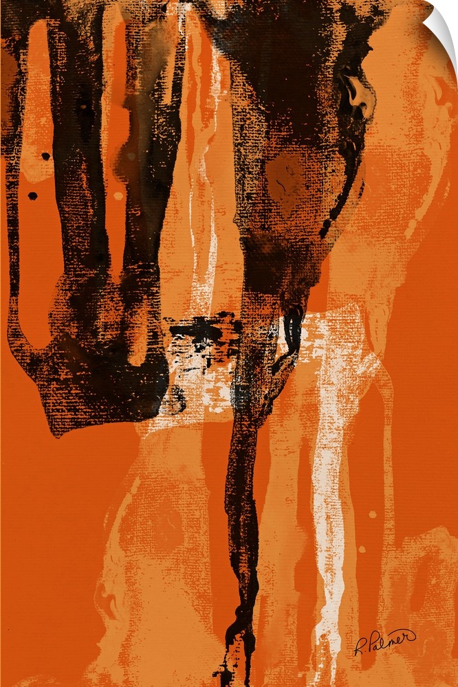 Abstract painting with a bright orange background and black, white, and lighter orange brushstrokes falling from the top t...