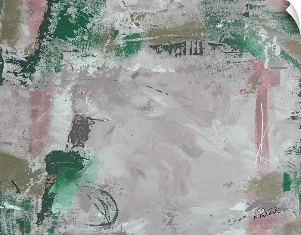 Abstract painting with muted hues of green, pink, purple, and grey.