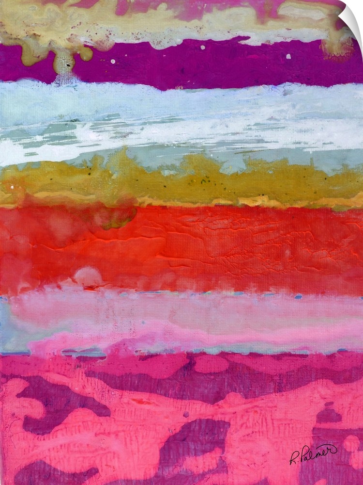 Bright abstract painting with thick horizontal brushstrokes in shades of pink, purple, blue, yellow, green, and white.
