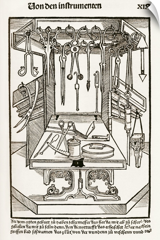 15th century surgical equipment. Historical artwork titled 'Armamentarium', showing surgical instruments and an operating ...