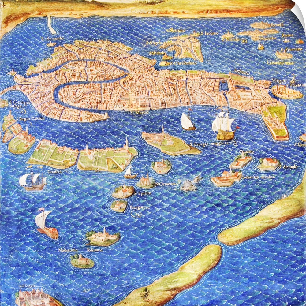 16th century map of Venice showing the lagoon. Venice is a coastal city in the north-east of Italy. The main bulk of Venic...