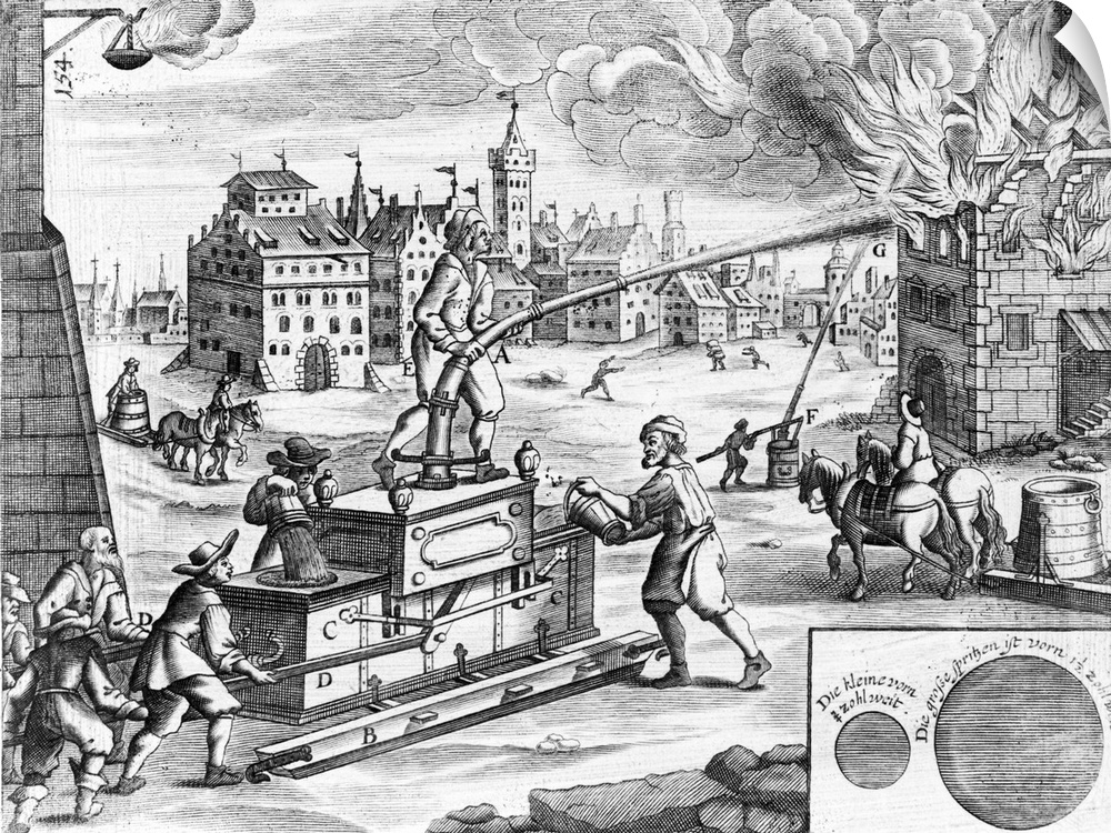 17th Century fire fighting. Historical artwork of men operating a water pump during a 17th Century building fire. Publishe...