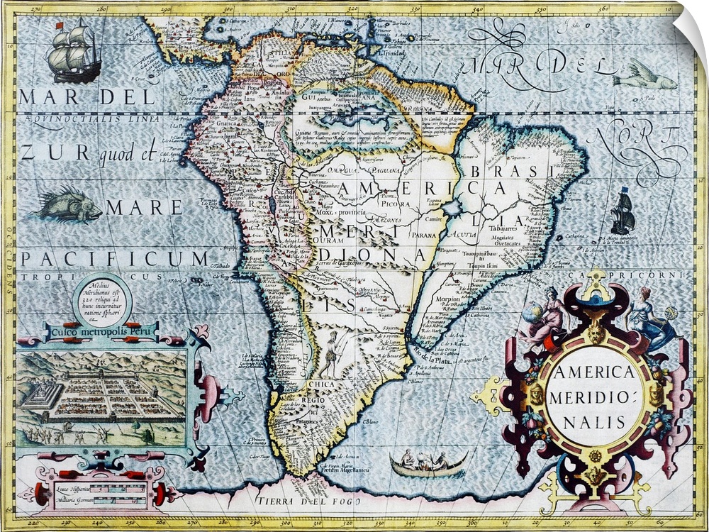 South America, 17th century Dutch map. This shows the new continent that was being discovered by European explorers. The s...