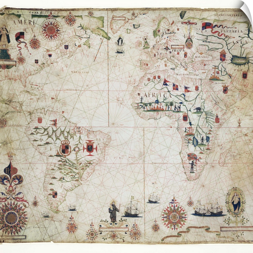 17th Century nautical map of the Atlantic Ocean. Historical portolan chart showing the Atlantic Ocean and adjacent contine...
