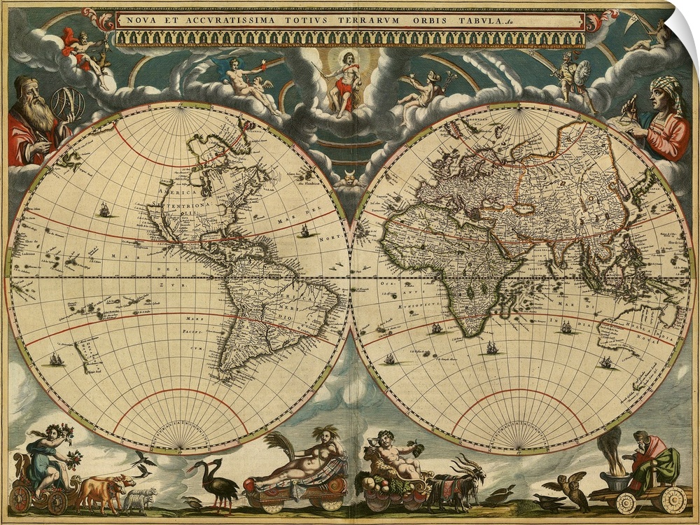 World map, published around 1664 in Amsterdam, the Netherlands, by Dutch mapmaker Joan Blaeu (c.1599- 1673). The Latin tit...