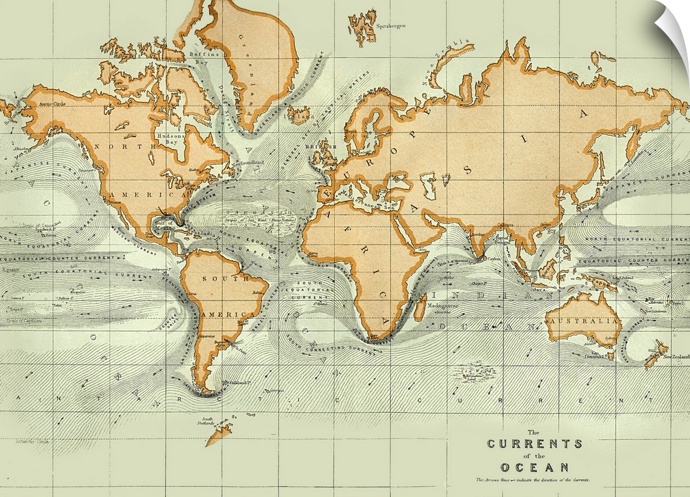 Map of ocean currents. The direction of the currents is marked by arrows. There are 17 major surface ocean currents. They ...