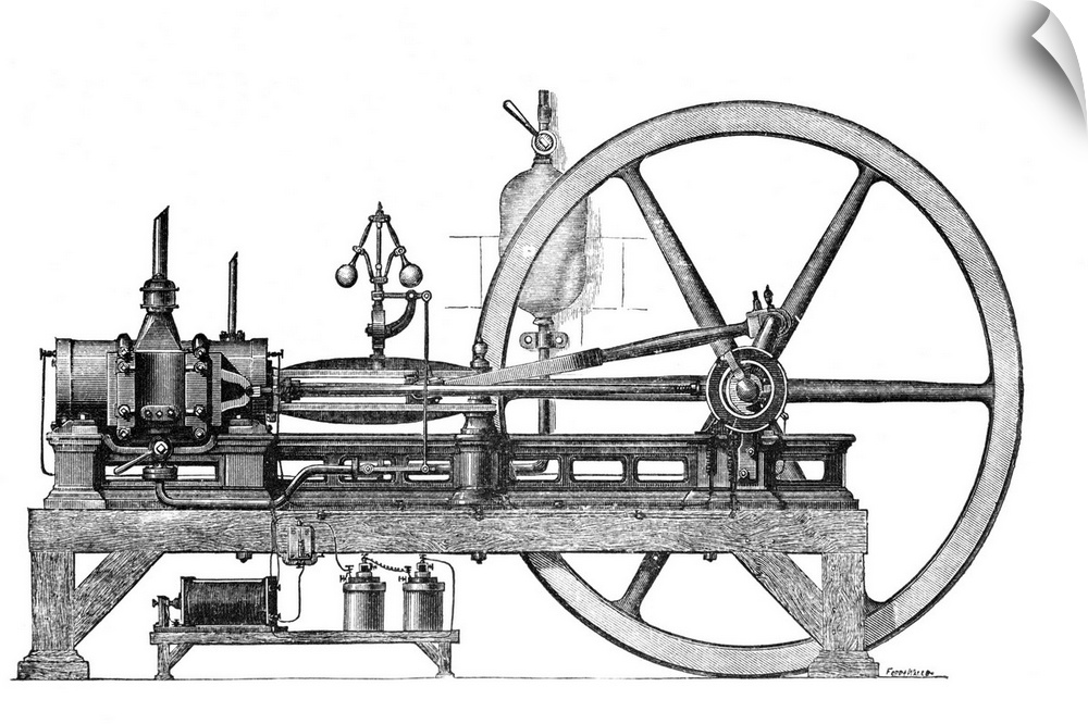 19th Century internal combustion engine. Historical artwork of a three-horsepower internal combustion engine designed and ...
