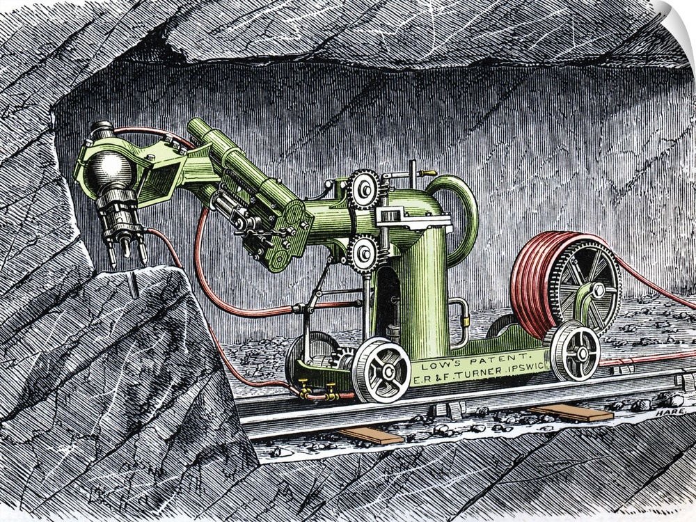 19th-century mining machine. Artwork of the rock- boring machine invented and patented by George Low and manufactured by E...