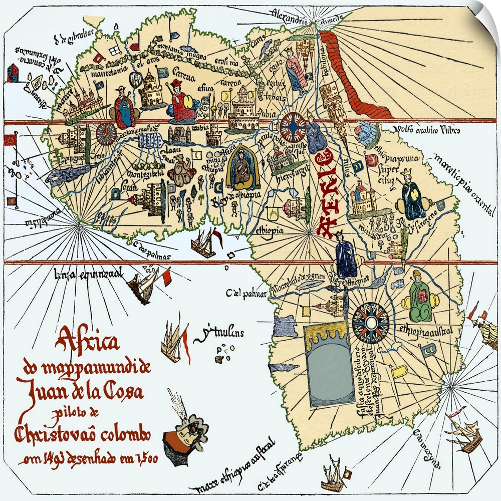 Africa, from Juan de la Cosa's map of 1500. Juan de la Cosa (1460-1510) was a Spanish navigator and cartographer. In 1493 ...