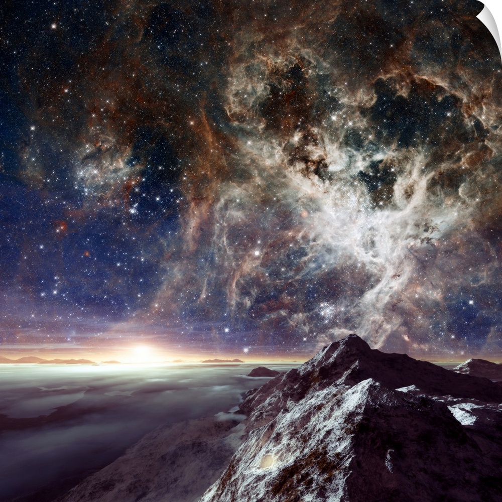 Alien planet and nebula. Computer illustration of a view across the rocky surface of an alien planet with its star (bright...