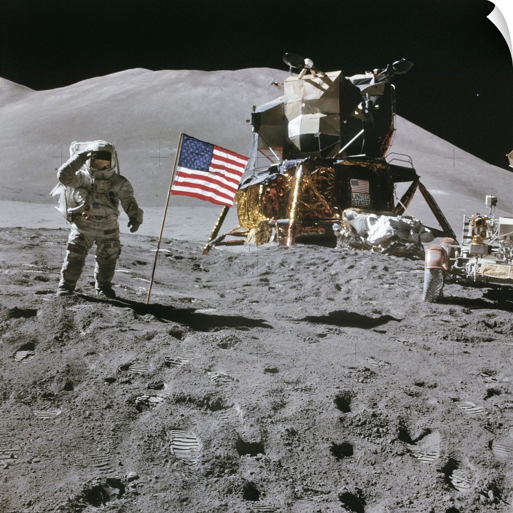 Apollo 15 lunar surface exploration, August 1971. US astronaut James Irwin saluting next to the US flag by the Lunar Modul...