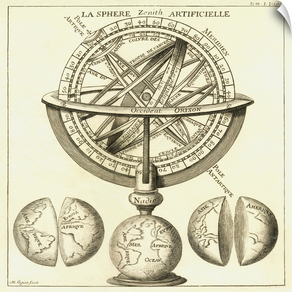 Armillary sphere, 18th century. Artwork of a French armillary sphere dating from 1705. This astronomical device shows the ...