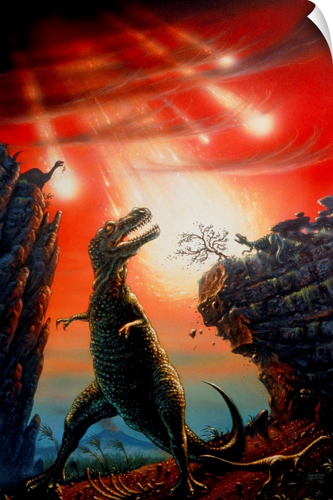 Artist's impression of a Tyrannosaurus rex at the moment when an incoming giant meteorite or asteroid led to the devastati...