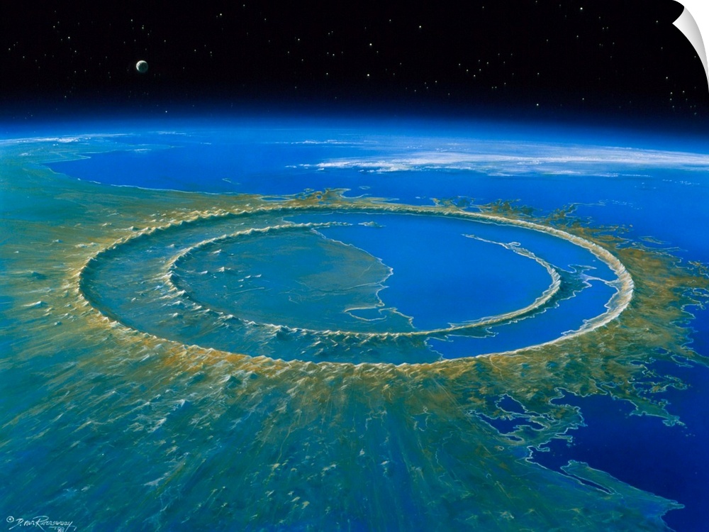 Chicxulub crater. Artwork of the Chicxulub impact crater on the Yucatan Peninsula, Mexico, soon after its creation. This i...