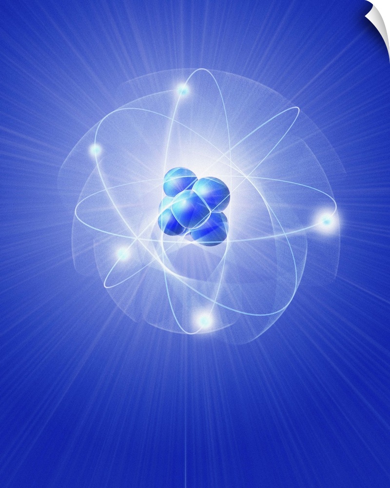 Atomic structure. Conceptual computer artwork of five electrons orbiting a central nucleus. This is a classical schematic ...