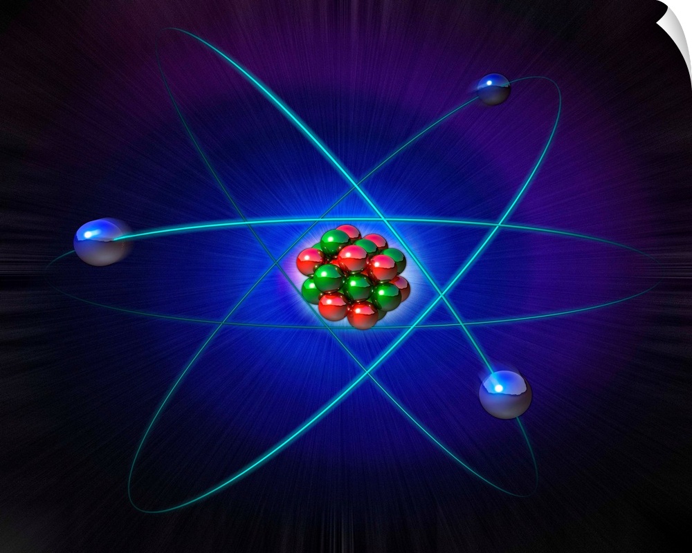 Atomic structure. Conceptual computer artwork of atomic structure. Three electrons (blue) are seen orbiting the central nu...