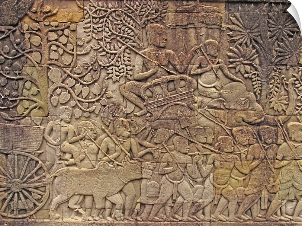 Bas-relief depicting a narrative scene. This carving is at Angkor Wat, a 12th century temple in Cambodia. The temple was o...