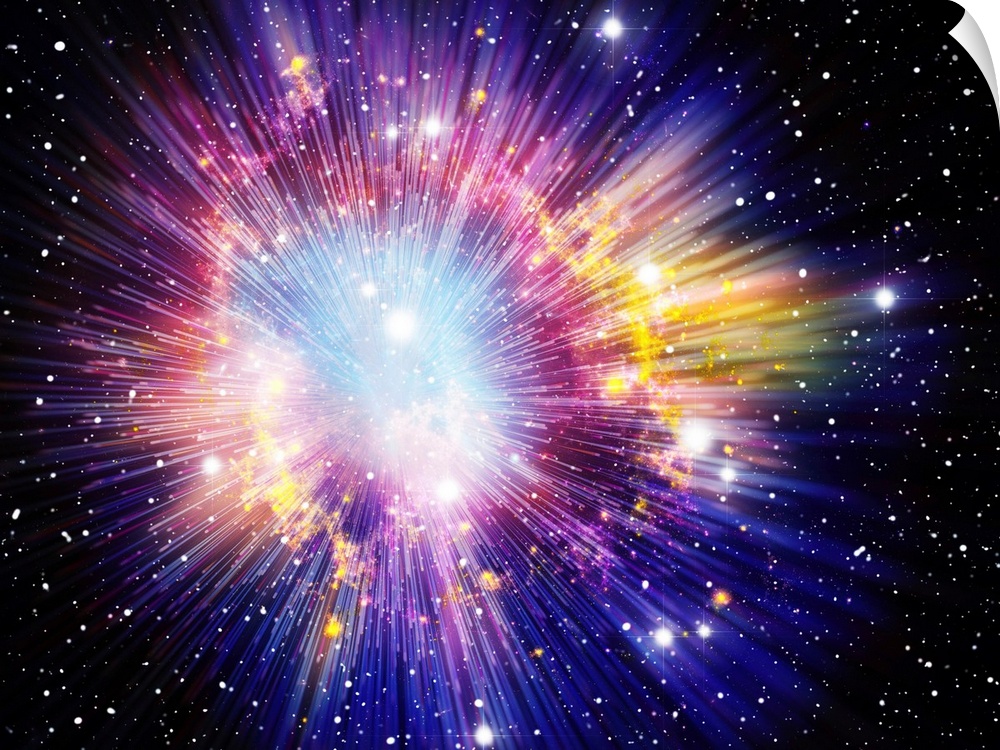Big Bang, conceptual image. Computer illustration representing the origin of the universe. The term Big Bang describes the...