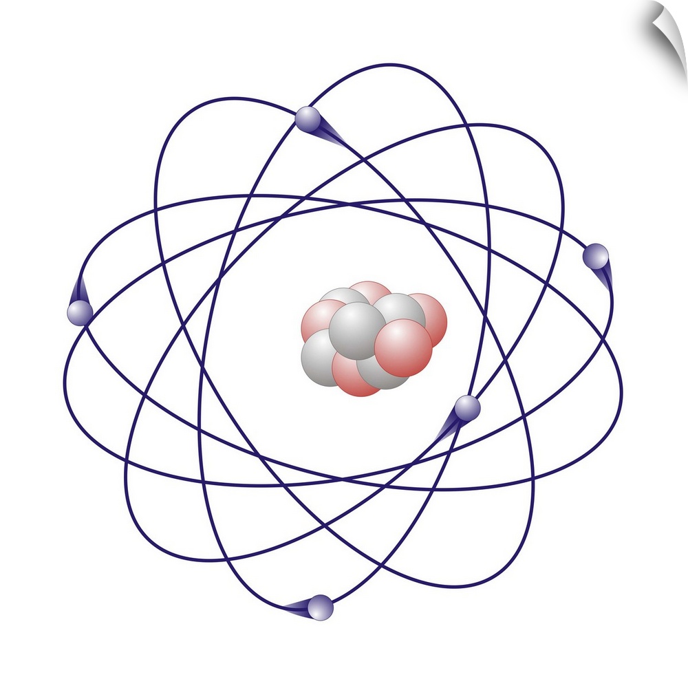 Boron, atomic model. Boron has six neutrons (white) and five protons (pink) in its nucleus (centre). The atom also has fiv...