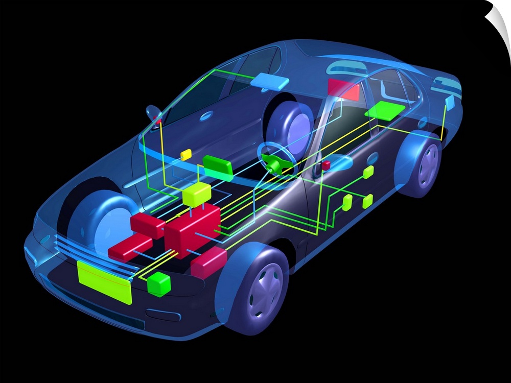 Car design. Computer-aided design (CAD) image of a modern car. Wiring and electronics for functions such as central lockin...