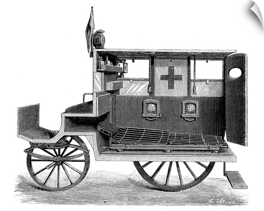 City ambulance, shown in cutaway form to reveal its interior with a stretcher and bed for the patient. This early ambulanc...