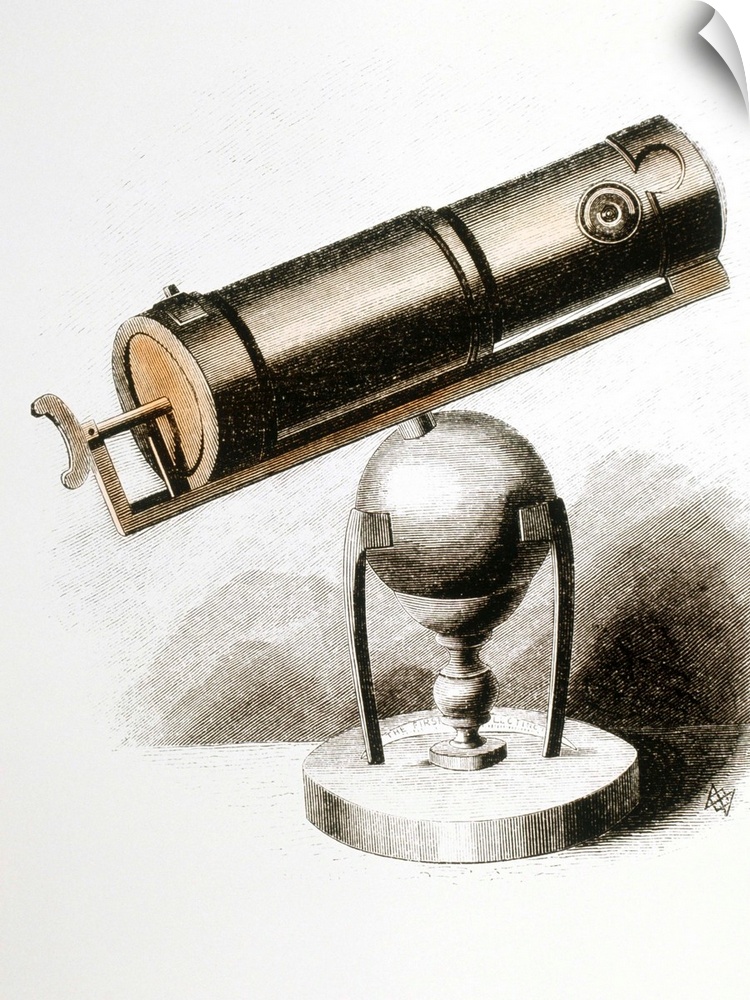 Coloured engraving of Isaac Newton's reflecting telescope, known also as the Newtonian telescope. This was the first refle...