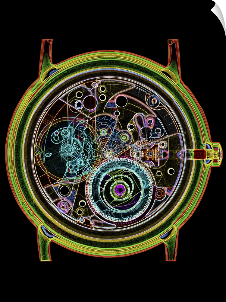 Wrist-watch. Coloured X-ray of a 17-jewel wrist- watch, showing the internal mechanism. Internal cogs and gears of the wat...