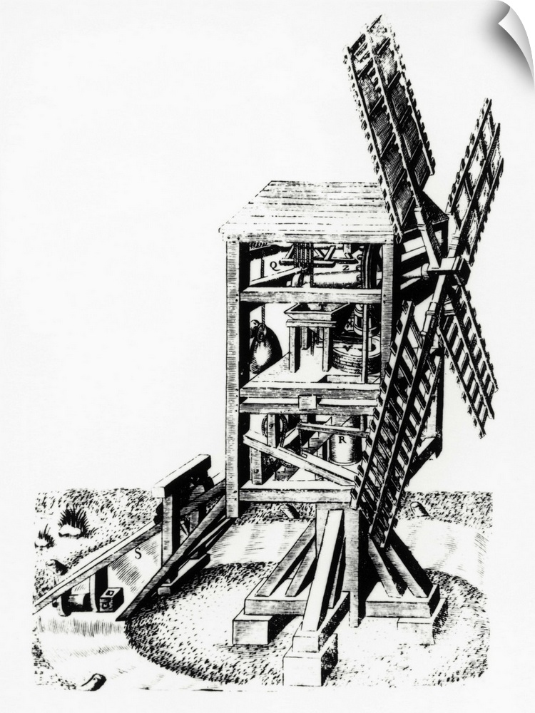 Windmill. 16th century cut-away diagram of a windmill used for grinding corn. The shaft attached to the windmill's rotors ...