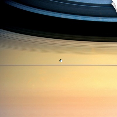 Dione and ring shadows on Saturn, Cassini