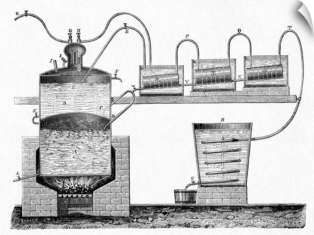 Distillation apparatus, 19th century cutaway artwork. This is the system developed by the French distiller Isaac Berard ci...