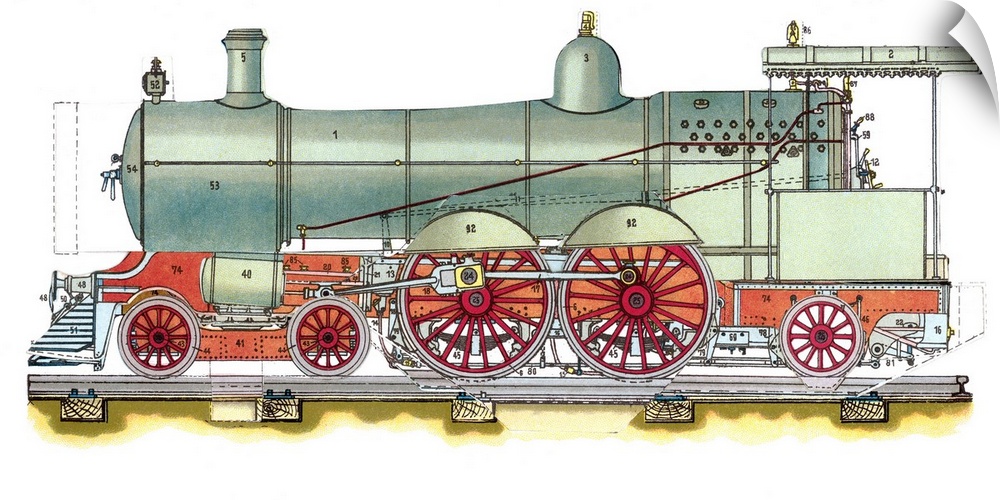 Early American steam locomotive. Diagram and artwork of an early US steam locomotive. This contained a steam engine that u...