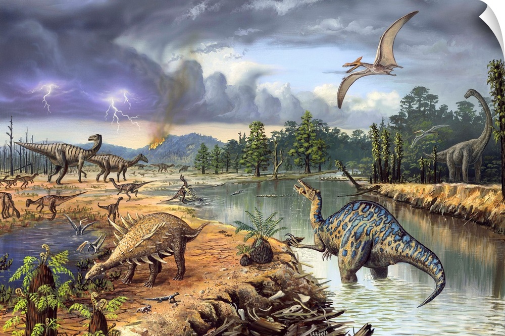 Early Cretaceous life. Artwork of a number of different prehistoric creatures that existed around 125-130 million years ag...