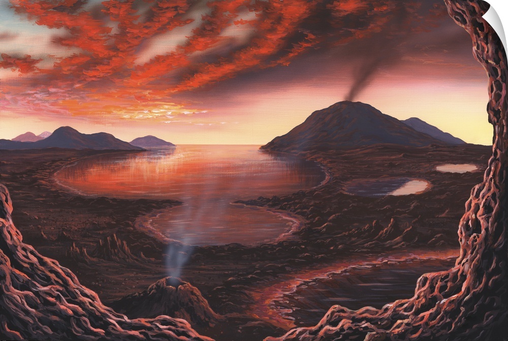 Early Earth. Artwork of a view across the surface of the Earth during the early part of the Precambrian era. The Precambia...