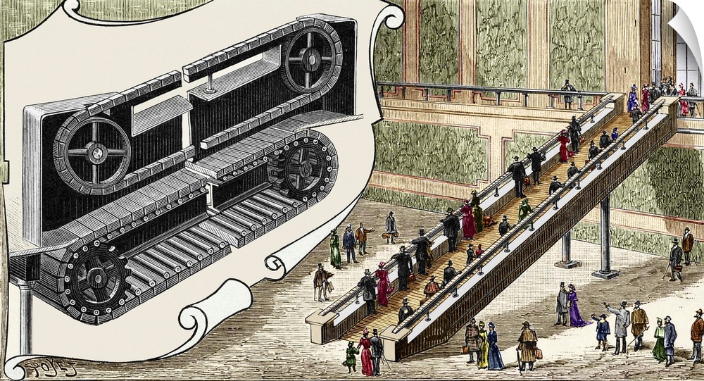 Early escalator. Historical artwork of the design of a proposed 19th-century escalator. This early design used a non-stepp...