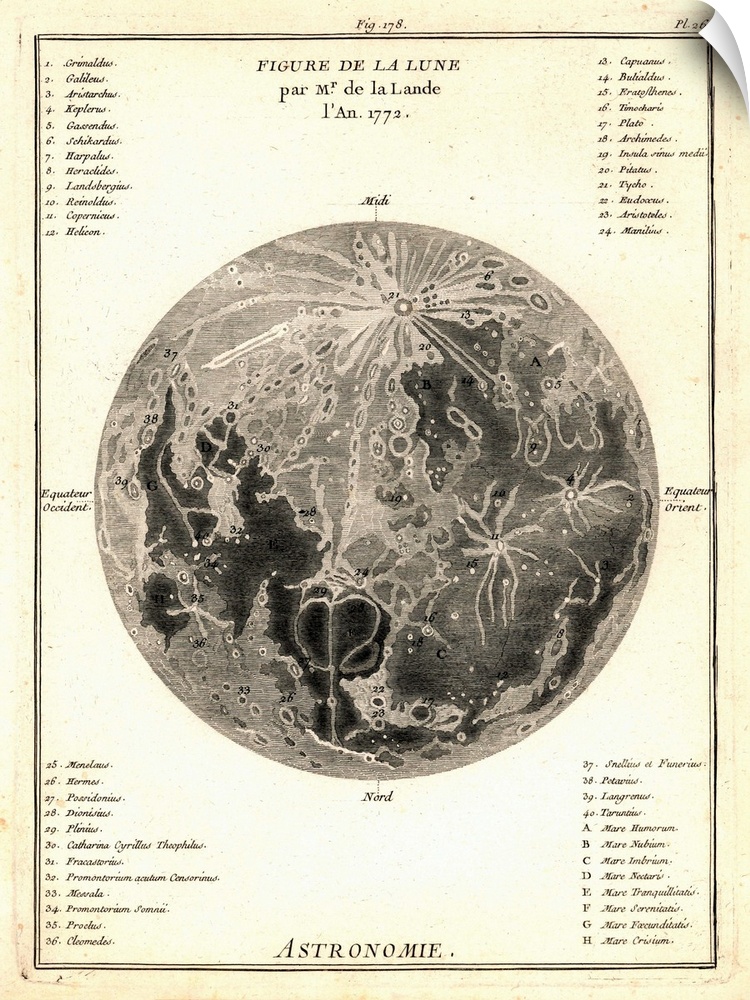 Map of the Moon, by De La Lande, in 1772. This early French engraving of the Moon charts its geographical features using t...