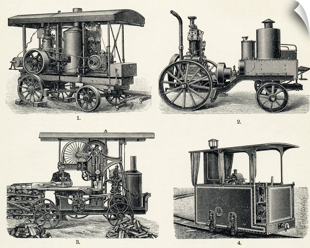 Early petrol engine. Historical artwork of early designs for an electrical generator (top left) and locomotives, using pet...