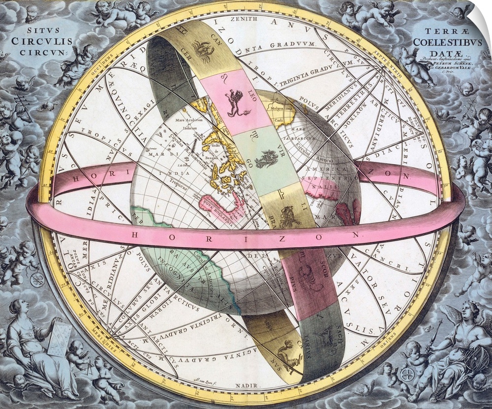 The Earth and its celestial circles. This artwork is from the 1708 edition of the star atlas Harmonica Macrocosmica, by th...