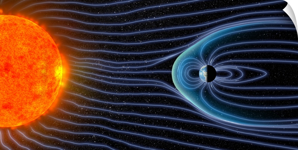 Earth's magnetosphere. Computer artwork showing the interaction of the solar wind with Earth's magnetic field (not to scal...