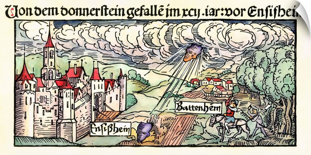 Ensisheim meteor fall. Woodcut showing the fall of a meteorite in 1492 near the villages of Ensisheim and Battenheim (both...