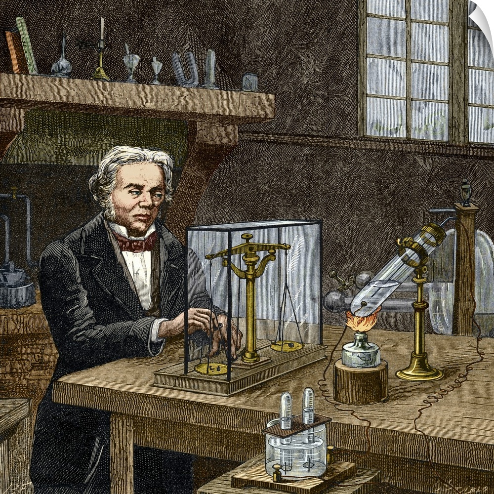 Faraday's electrolysis experiment. Historical artwork of British chemist and physicist Michael Faraday (1791-1867) experim...