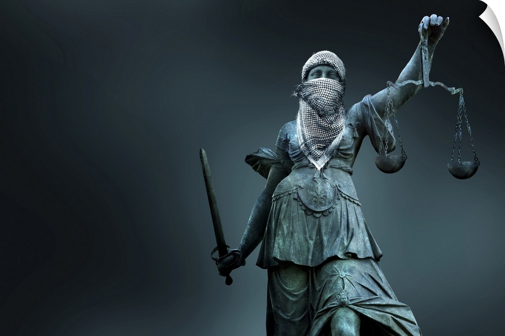 Fighting for justice. Conceptual image of a statue of 'Lady Justice' wearing a traditional Arab headscarf (shemagh or keff...