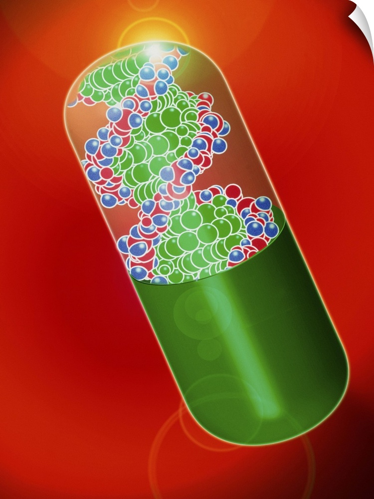 Gene therapy. Abstract artwork of a drug capsule filled with DNA (deoxyribonucleic acid), to depict a gene therapy drug. G...