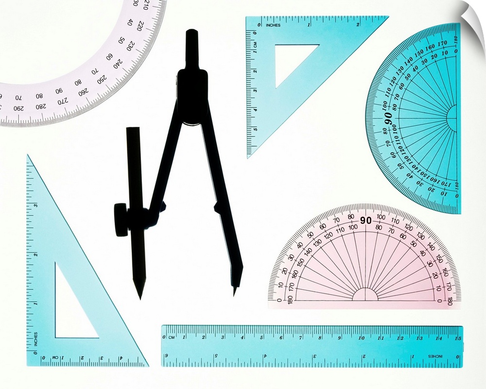 Geometry set. Plastic instruments used for geometry and technical drawing. Protractors (two at right and one at top left) ...