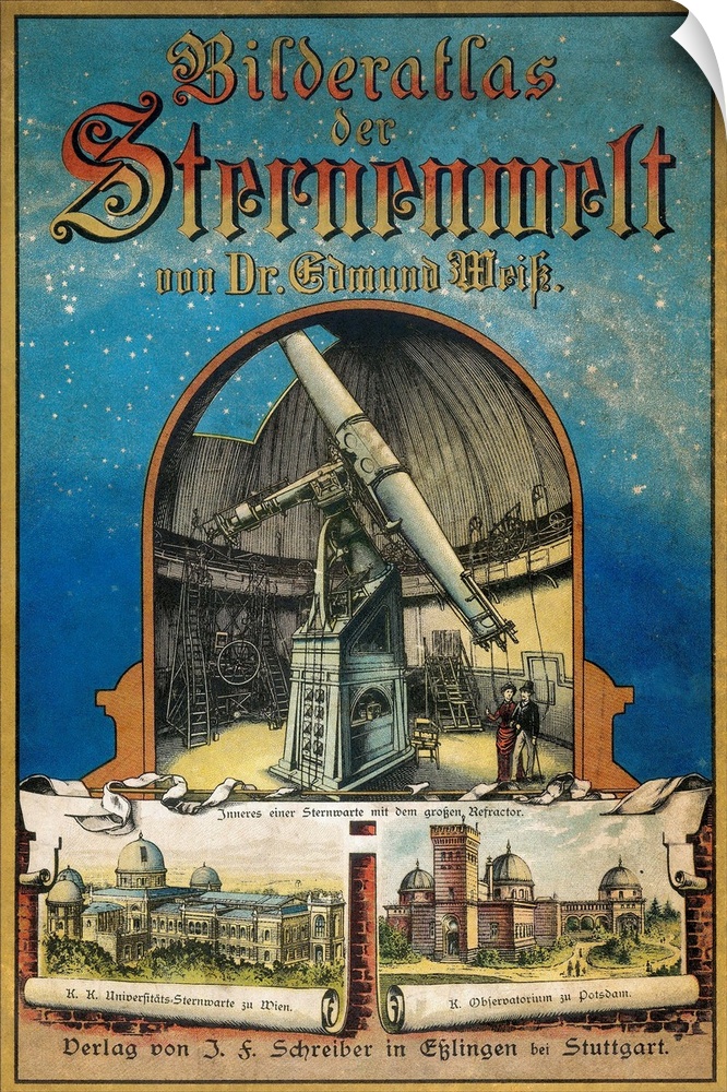 German astronomy atlas, 1882 cover artwork and titles. The name of this atlas (Bilderatlas der Sternenwelt) is across top,...